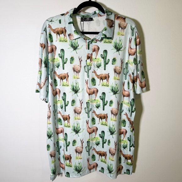 GreenSide Golf - Polo Shirt XL Llama Cactus Print Stretch Polyester Mens - NWT - Picture 1 of 7